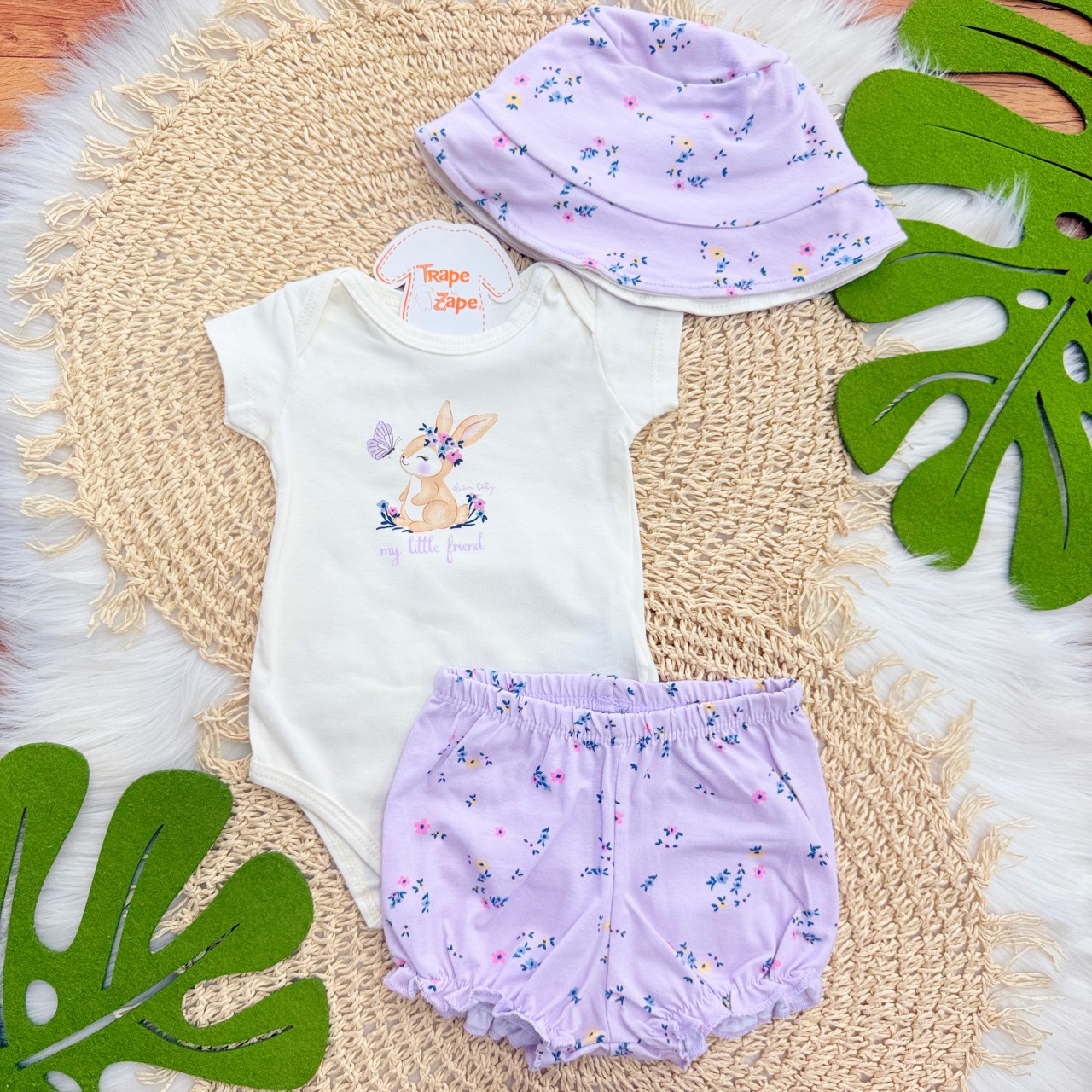 Conj. Body My Little Friend, Bucket e Short Florzinhas - Lilás e Off White